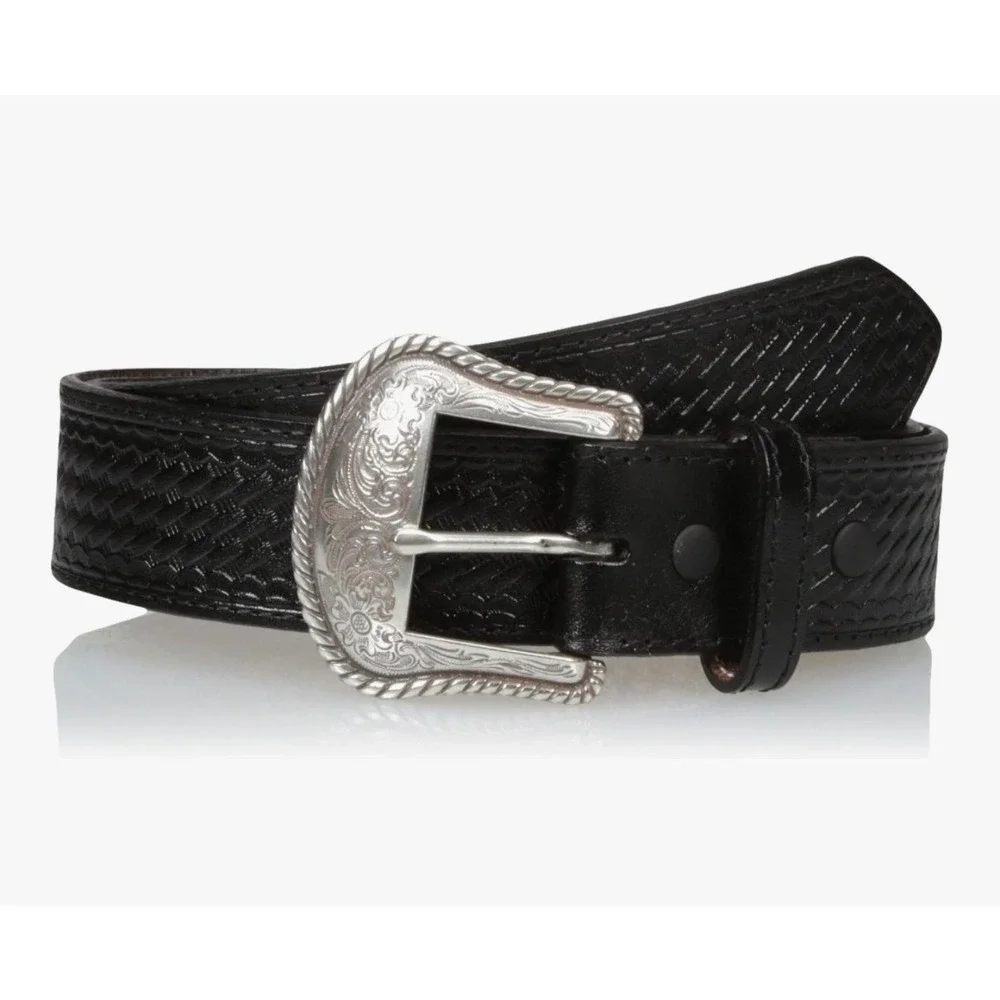 Nocona‎ Mens Black Leather Western Belt Ornate Silver Buckle Size 46